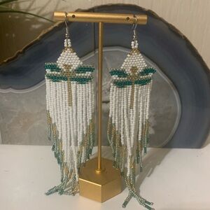 Chic Beaded Earrings in White, Green, and Gold
